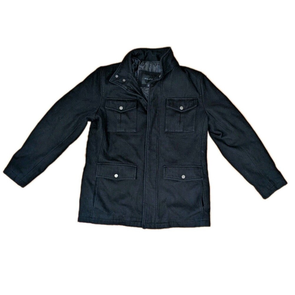Structure Mens Medium Black Wool Field Jacket Military Style Quilted Lining EUC